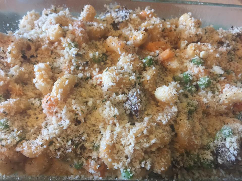 Parmesan Panko Crusted Rootbeer Infused Bratwurst Baked Sweet Potato Mac and Cheese Casserole w/ Garlic & Fresh Sweet Peas