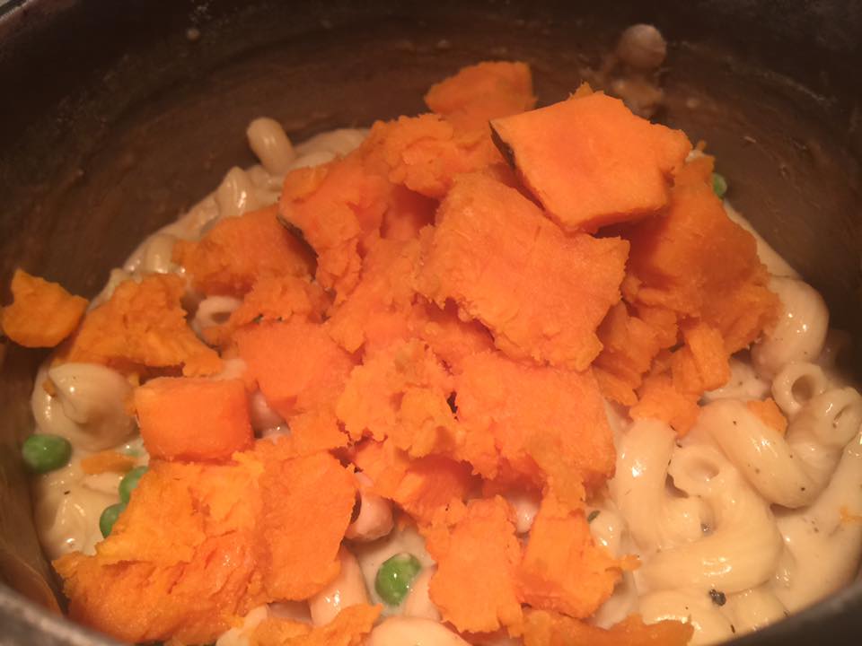 Parmesan Panko Crusted Rootbeer Infused Bratwurst Baked Sweet Potato Mac and Cheese Casserole w/ Garlic & Fresh Sweet Peas
