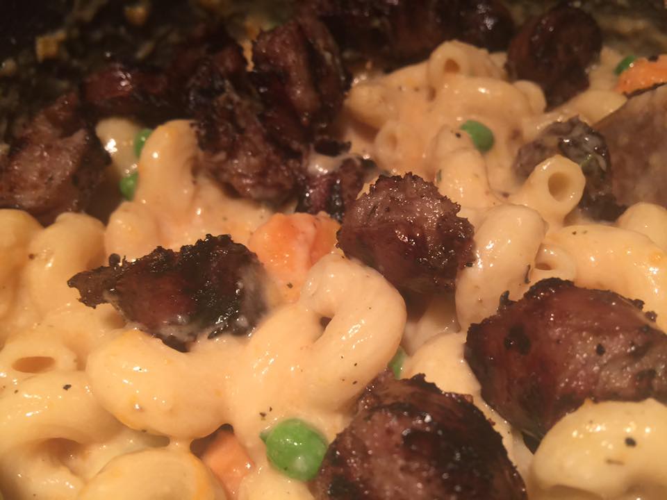 Parmesan Panko Crusted Rootbeer Infused Bratwurst Baked Sweet Potato Mac and Cheese Casserole w/ Garlic & Fresh Sweet Peas