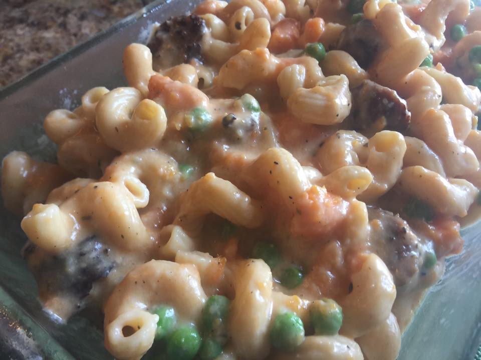 Parmesan Panko Crusted Rootbeer Infused Bratwurst Baked Sweet Potato Mac and Cheese Casserole w/ Garlic & Fresh Sweet Peas
