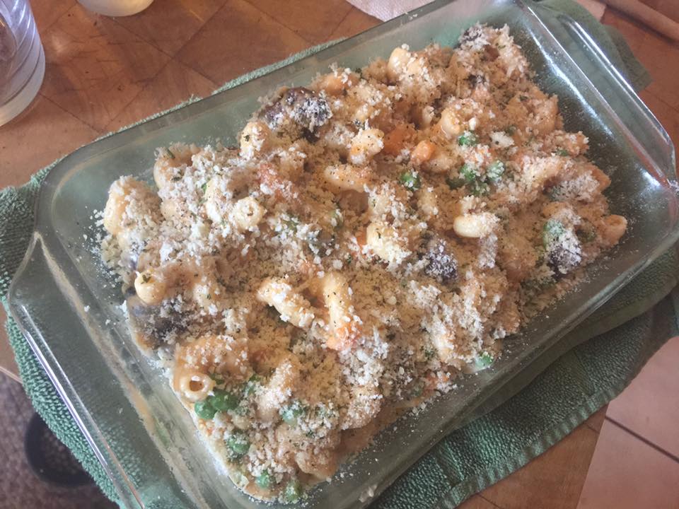 Parmesan Panko Crusted Rootbeer Infused Bratwurst Baked Sweet Potato Mac and Cheese Casserole w/ Garlic & Fresh Sweet Peas