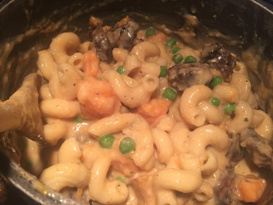 Parmesan Panko Crusted Rootbeer Infused Bratwurst Baked Sweet Potato Mac and Cheese Casserole w/ Garlic & Fresh Sweet Peas