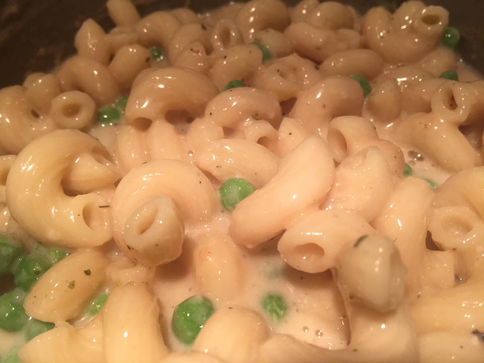 Parmesan Panko Crusted Rootbeer Infused Bratwurst Baked Sweet Potato Mac and Cheese Casserole w/ Garlic & Fresh Sweet Peas