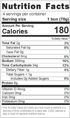 Cristal ciabatta bun nutrition facts showing 180 calories per 70 g bun and four servings per container