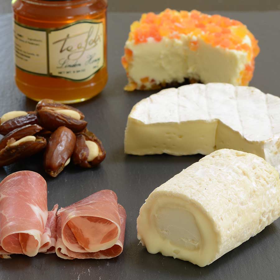 French Cheese Gift Set / Board w/ honey, serrano ham and figs with almonds