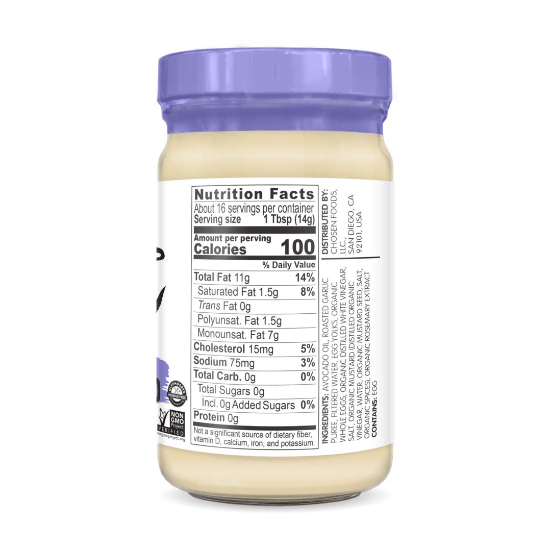 Chosen Foods Roasted Garlic Avocado Oil Mayo 8 oz., Non-GMO, 100% Pure, Gluten Free, Dairy Free - 3 Pack