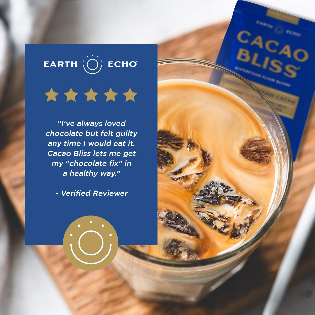 Earth Echo: Cacao Bliss - Organic Chocolate Powder Mix with Cinnamon, Turmeric, MCT Oil and Lucuma - 15 travel size