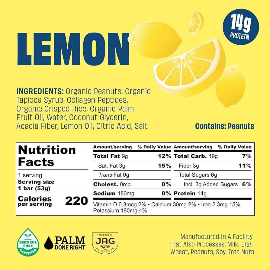 JustNosh Lemon Collagen Protein Bars - 13g Protein • 10g Collagen • Gluten-Free • Dairy-Free • Low FODMAP • Seed Oil Free - 12-Pack