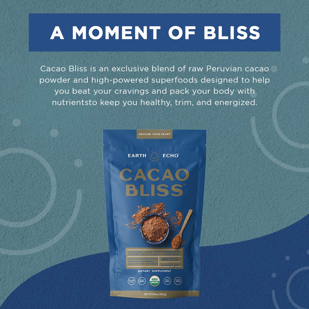 Earth Echo: Cacao Bliss - Organic Chocolate Powder Mix with Cinnamon, Turmeric, MCT Oil and Lucuma - 15 travel size
