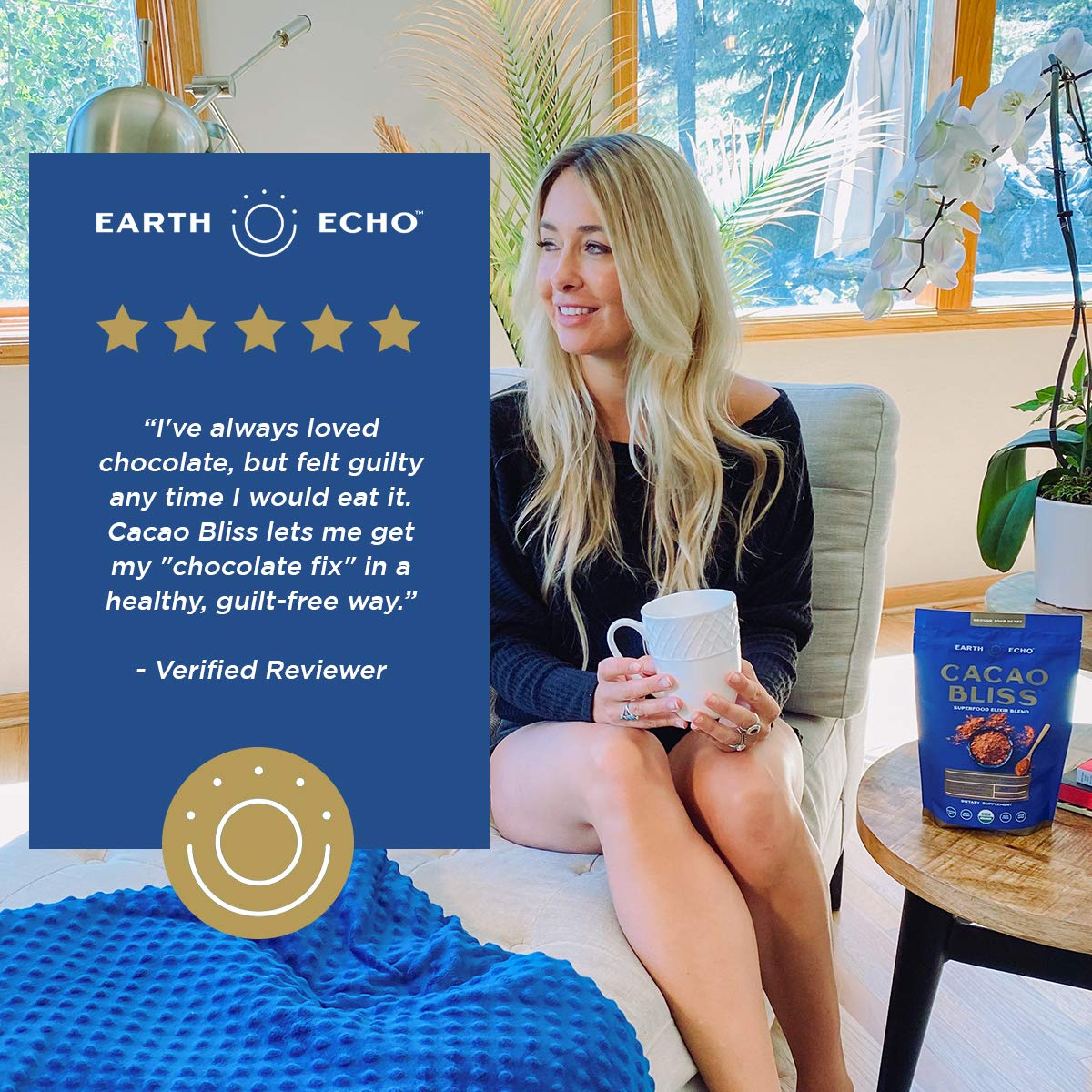Earth Echo: Cacao Bliss - Organic Chocolate Powder Mix with Cinnamon, Turmeric, MCT Oil and Lucuma - 30 Servings