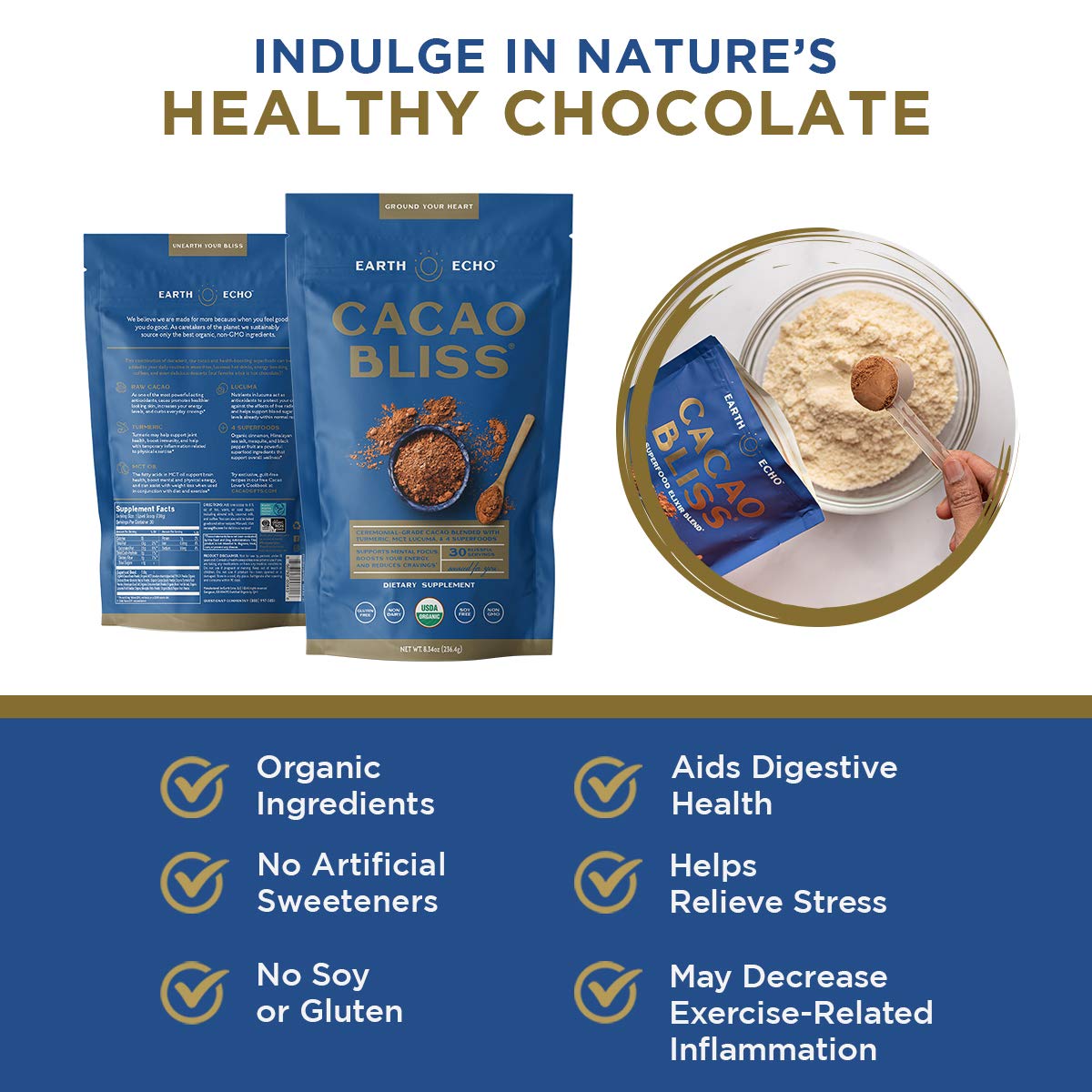 Earth Echo: Cacao Bliss - Organic Chocolate Powder Mix with Cinnamon, Turmeric, MCT Oil and Lucuma - 30 Servings