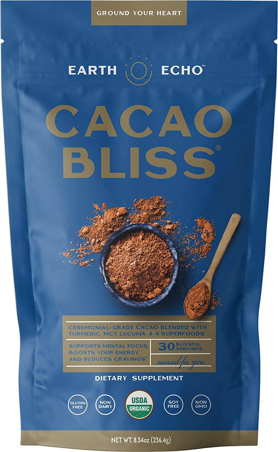 Earth Echo: Cacao Bliss - Organic Chocolate Powder Mix with Cinnamon, Turmeric, MCT Oil and Lucuma - 30 Servings