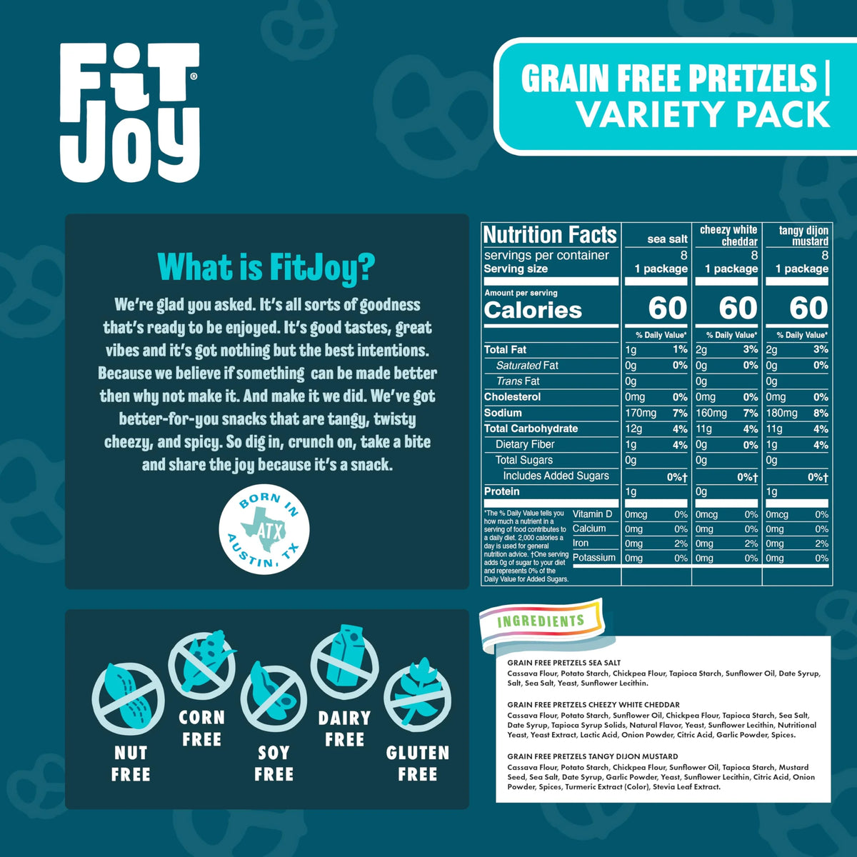 FitJoy Pretzel Variety Pack — Sea Salt, Dijon Mustard & White Cheddar, Gluten-Free, Grain-Free, 24 Count (0.5 oz)