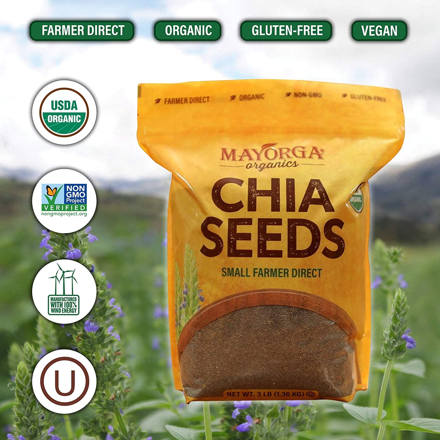 Mayorga Organics Raw Chia Seeds, 3lb Resealable Bag, Gluten-Free