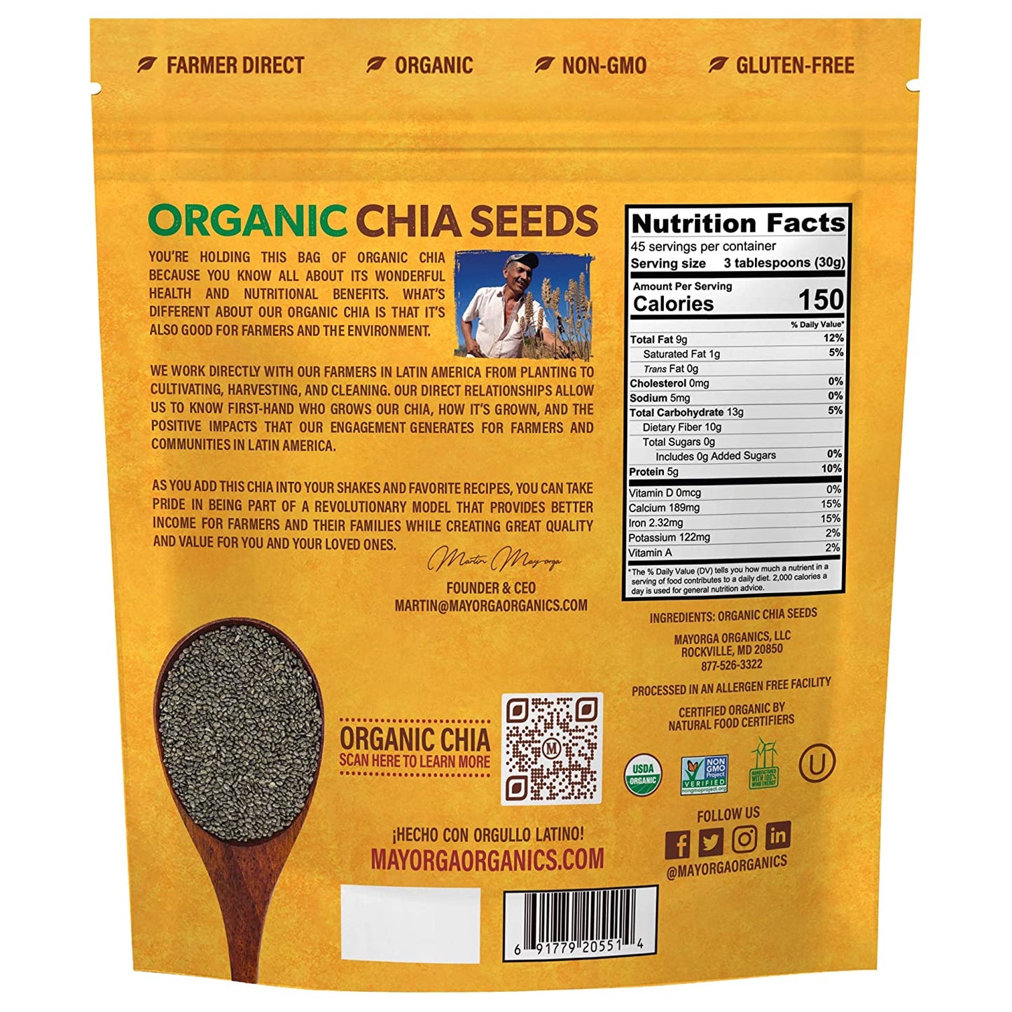 Mayorga Organics Raw Chia Seeds, 3lb Resealable Bag, Gluten-Free