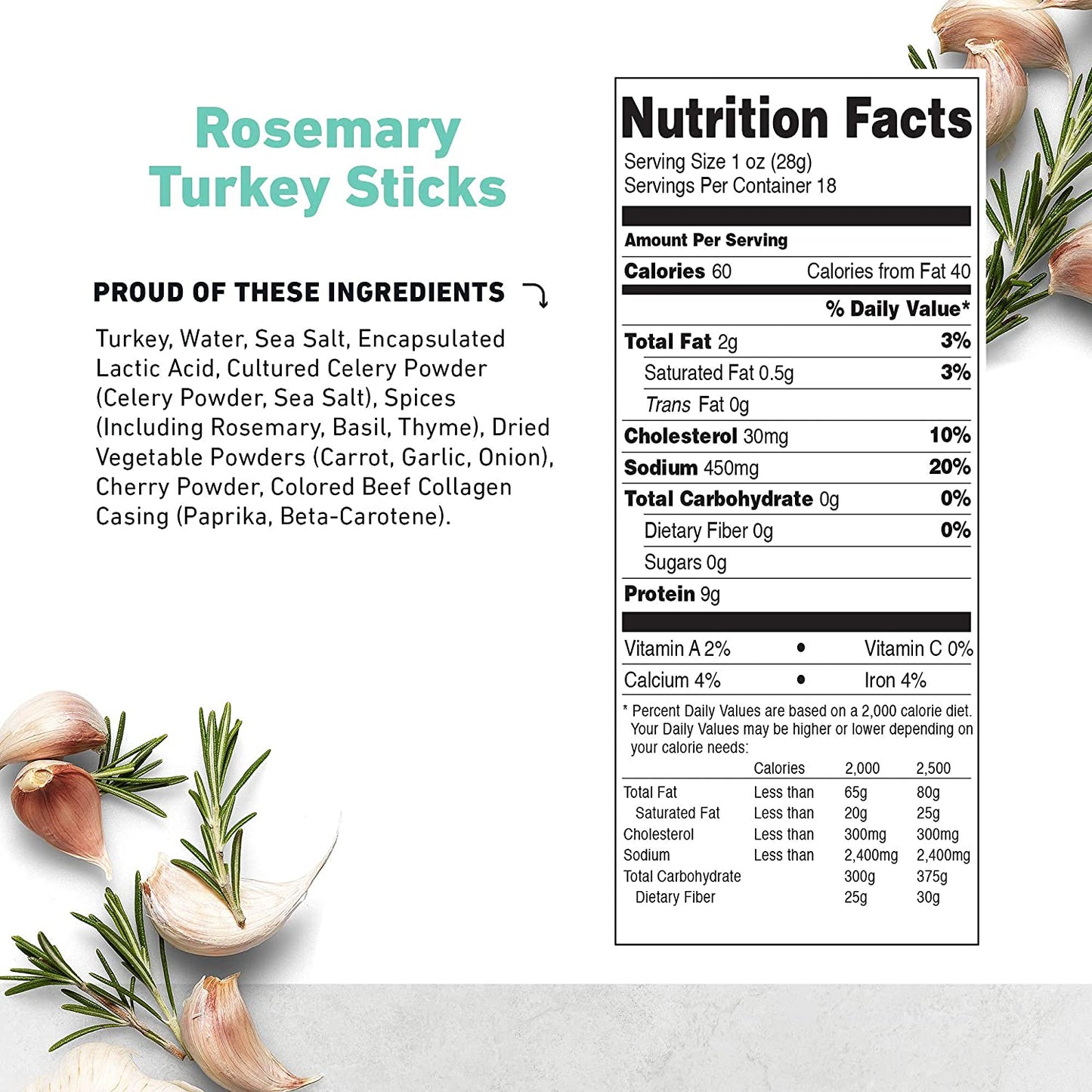 Natural Rosemary Turkey Sticks - Gluten Free Keto - Pack of 18
