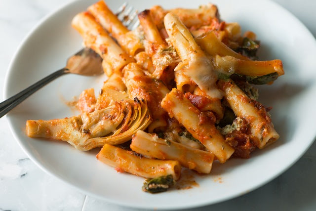 Simple Baked Ziti with Spinach, Artichokes and Pesto