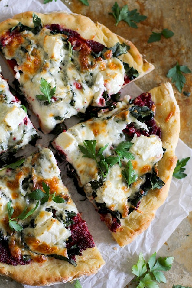 Beet Pesto Pizza with Kale and Goat Cheese