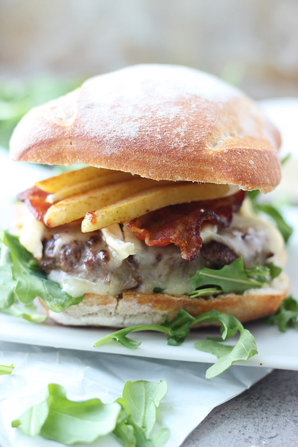 Bison Burgers with Brie, Bacon and Carmelized Pears