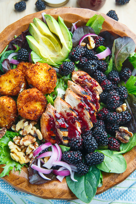 Blackberry Balsamic Grilled Chicken Salad with Crispy Fried Goat Cheese