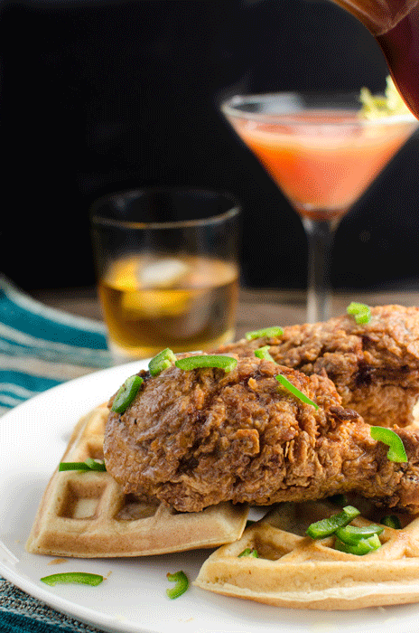 BLOODY MARY INFUSED FRIED CHICKEN AND WAFFLES