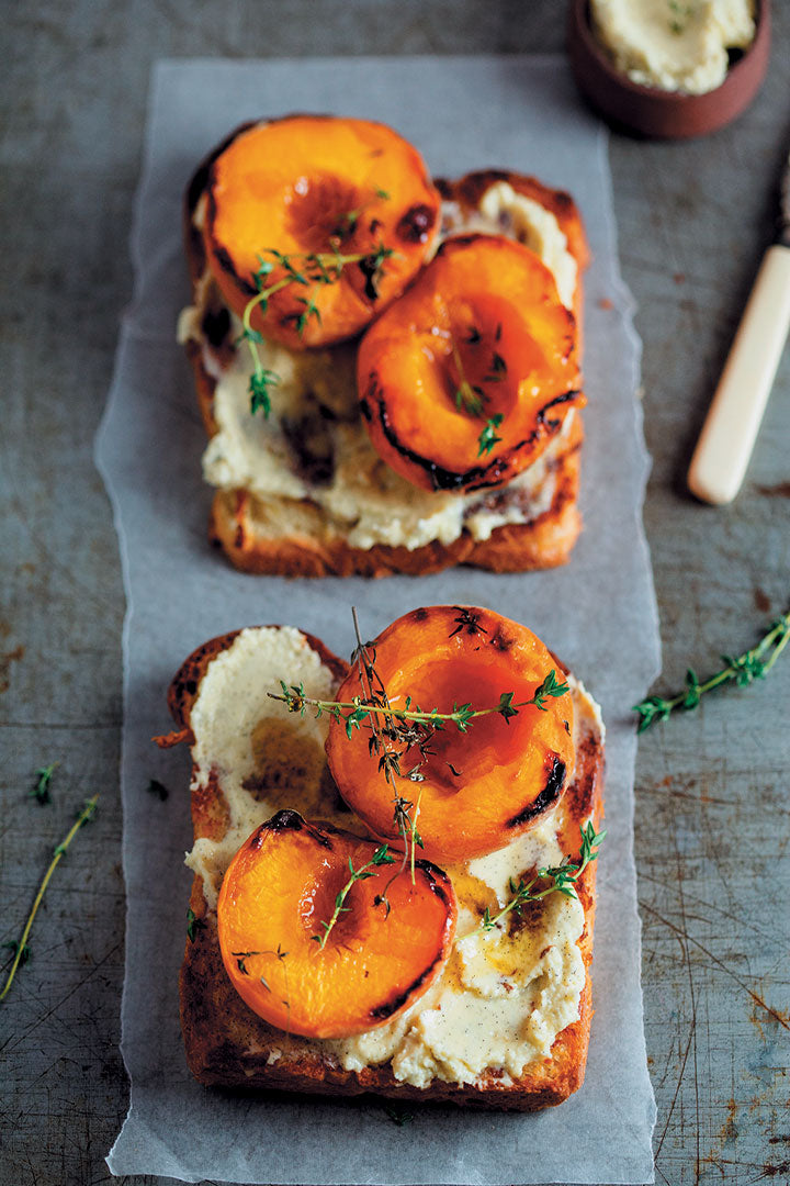 Brioche with thyme Roasted Peaches and Vanilla Mascarpone