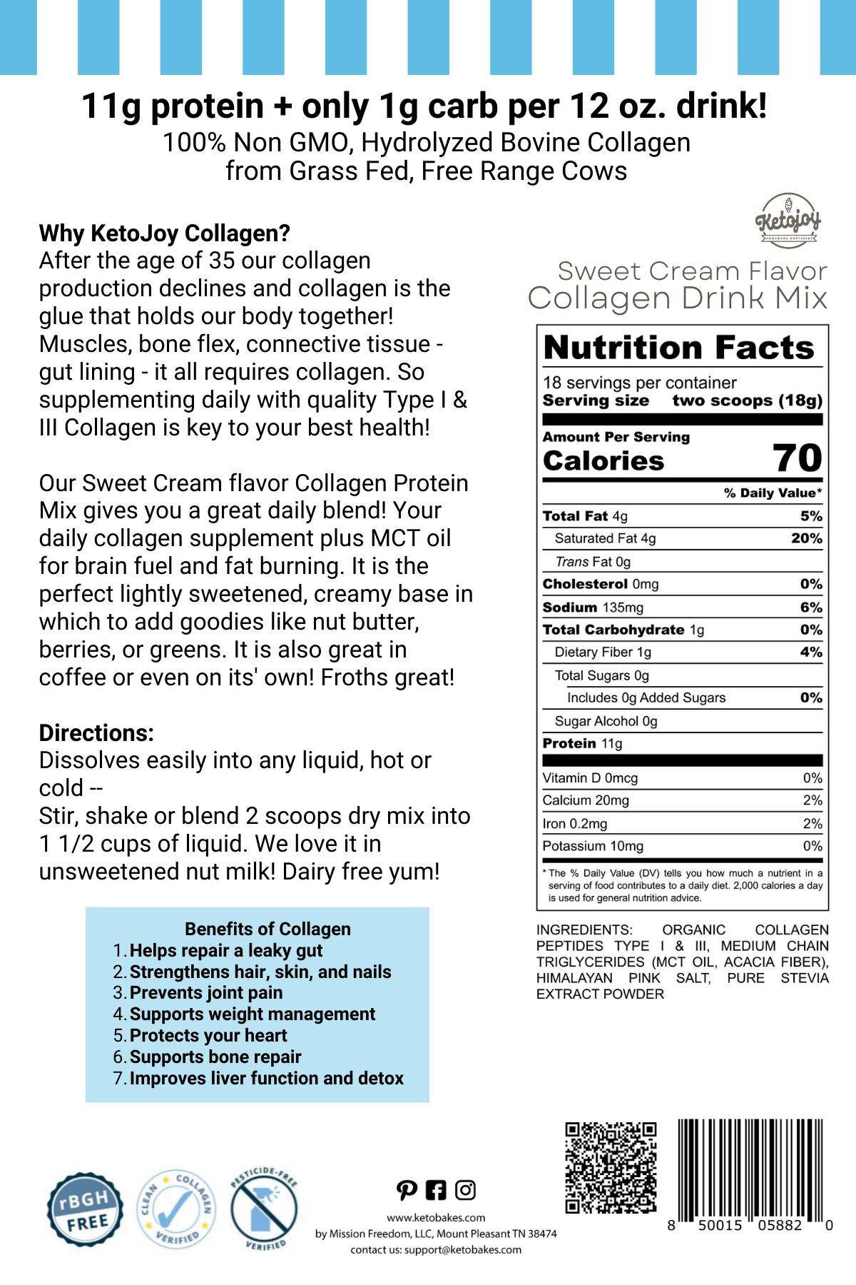 ORGANIC Collagen Drink - Sweet Cream - 1g carb