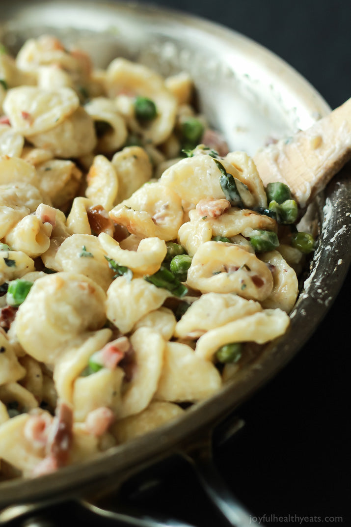 Pancetta and Sweet Pea Orecchiette Pasta with Creamy Goat Cheese Sauce