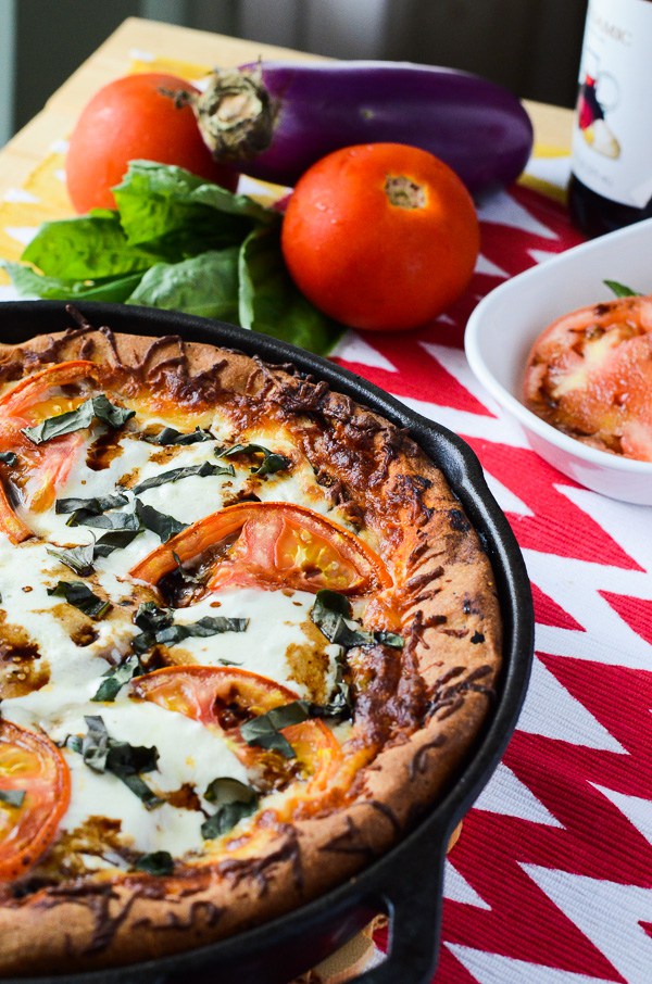 EGGPLANT PARMESAN CAPRESE SKILLET PIZZA