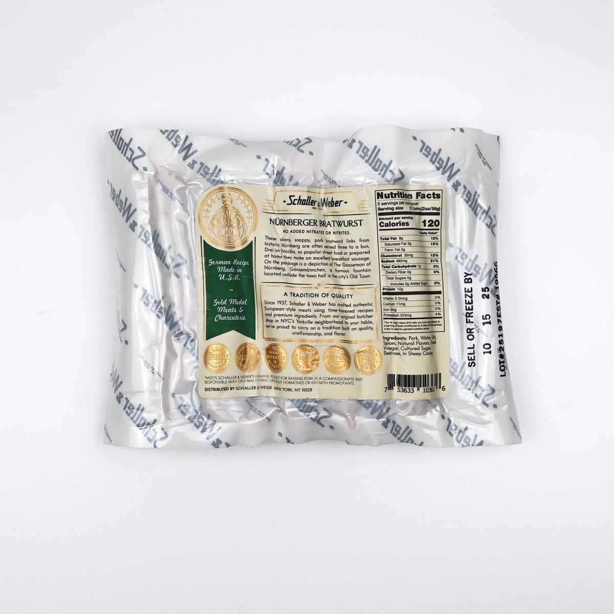 Back of the Schaller & Weber Nürnberger Bratwurst package showing nutrition facts, ingredients and barcode.