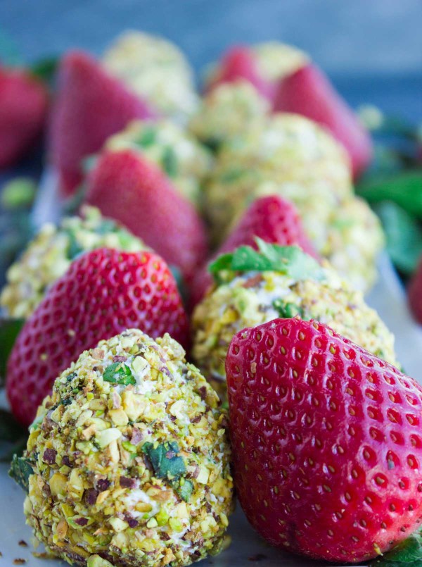 GOAT CHEESE PISTACHIO COATED STRAWBERRIES