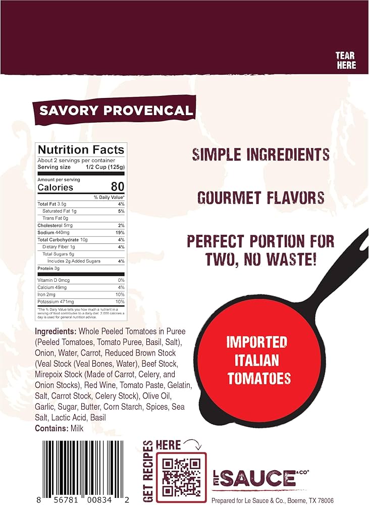 Le Sauce Savory Provencal Gourmet Pasta Sauce, Imported Italian San Marzano Tomatoes - Pack of 2