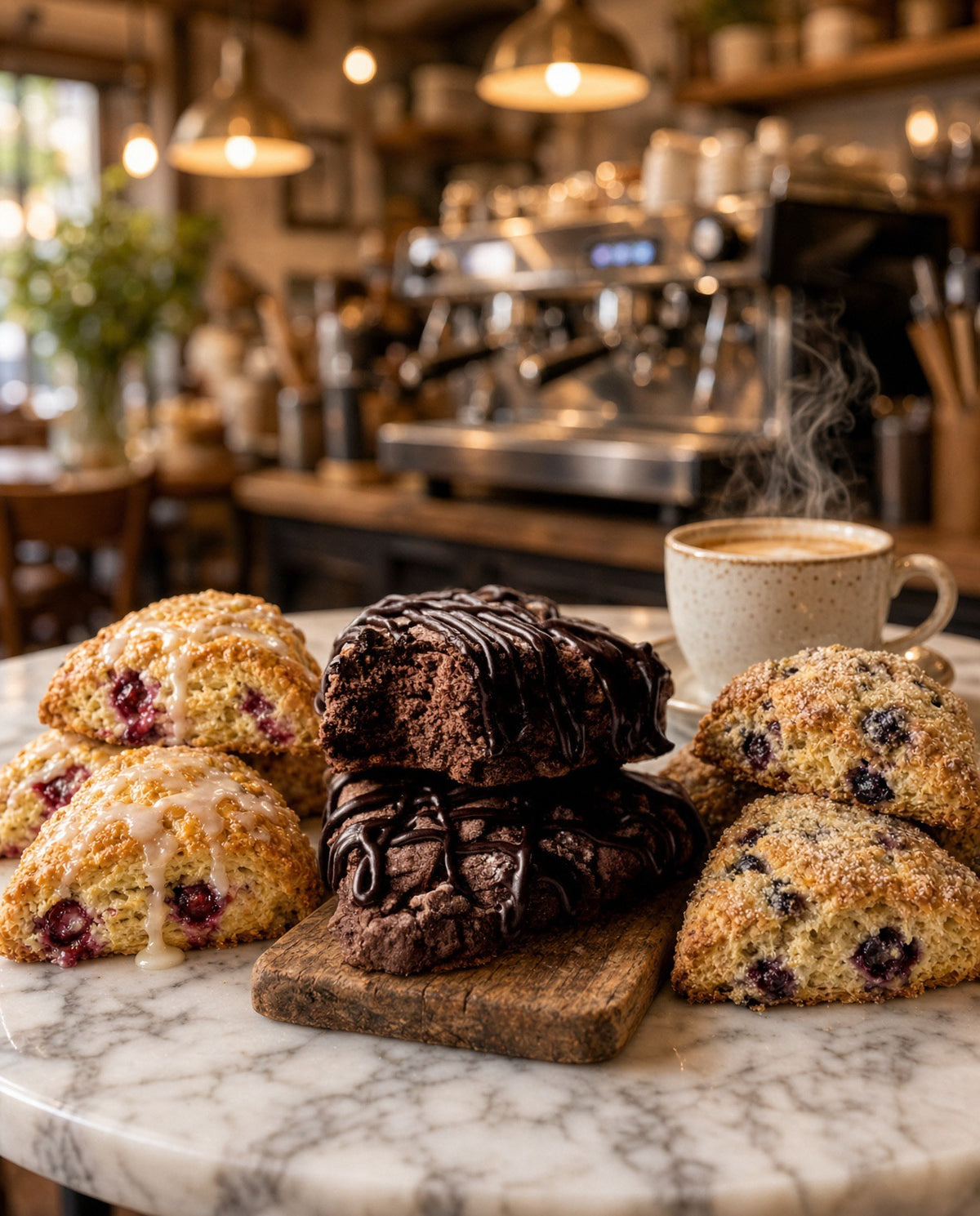 A styled bakery display on a marble counter featuring chocolate scones, blueberry scones, and a stack of chocolate pastries on a wooden board, with a steaming coffee cup and a blurred cafe interior in the background.
