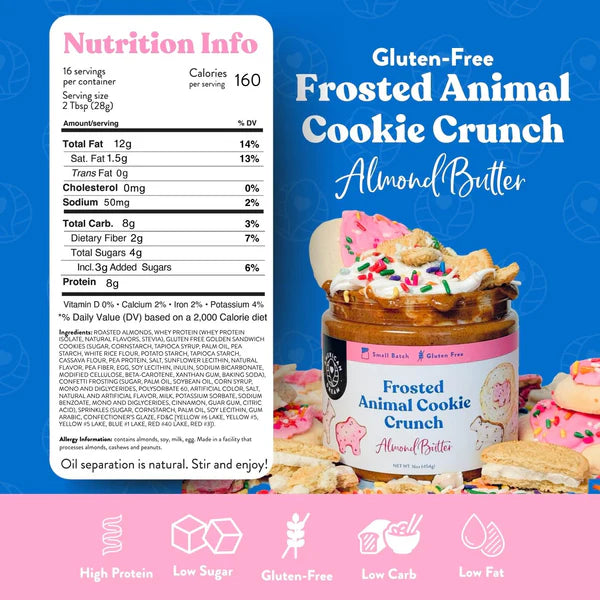 Frosted Animal Cookie Cashew Almond Butter Spread - Added Protein and Coconut Oil, Low Carb, Low Sugar, Complete Protein Dessert Flavored Nut Butter