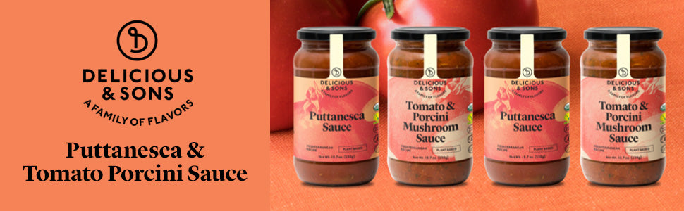 Delicious & Sons - Organic Italian Puttanesca and Porcini Mushroom Tomato Pasta Sauce - Pack of 4 - Keto, Gluten Free