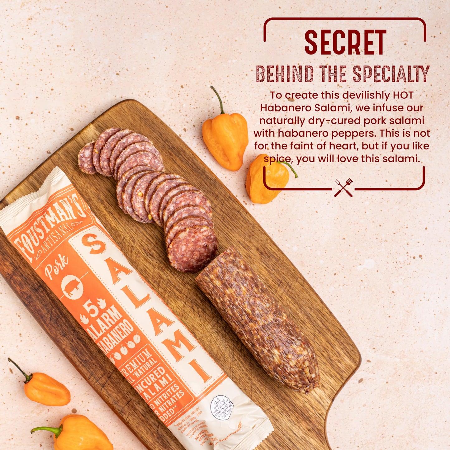 Foustman's Salami Pork 5 Alarm Habanero Artisanal, Nitrate-Free, Naturally Cured, Gluten-Free, Dairy-Free, No Pork - 8 oz Sticks