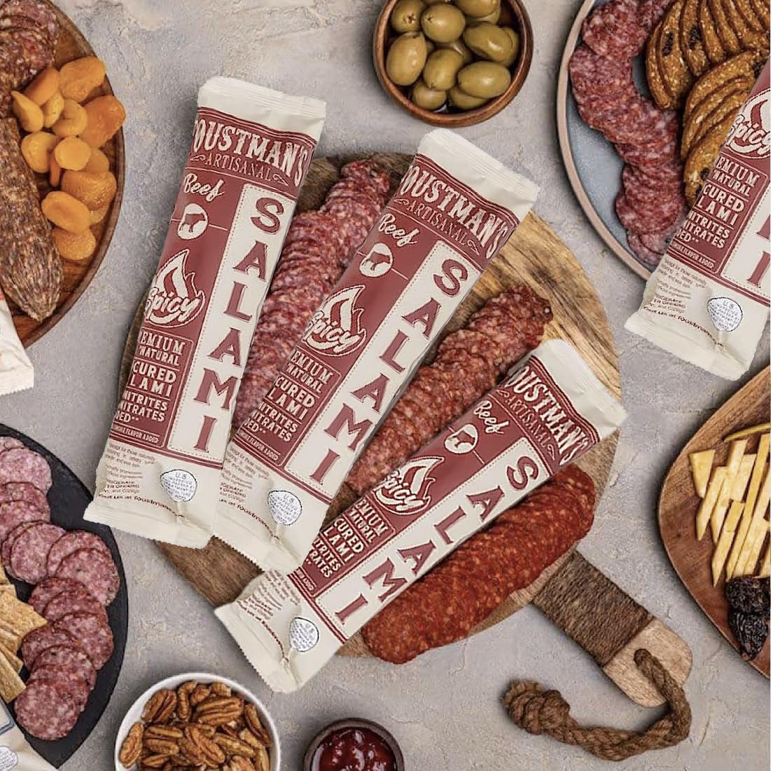 Foustman’s Salami Spicy Beef Artisanal, Nitrate-Free, Naturally Cured, Gluten-Free, Dairy-Free, No Pork - 8 oz Sticks