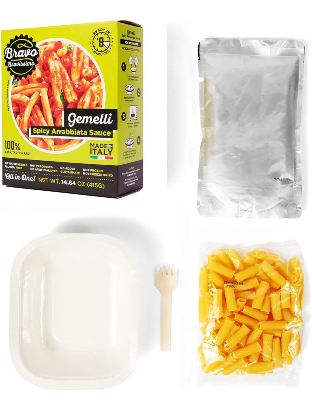 Bravo Bravissimo Gemelli Italian Pasta Noodles, Comes in Arrabbiata Spicy Sauce Flavor, All-In-One Italian Pasta Meal, Sauce, Plate, Fork, Microwavable Meals, GMO Free - Pack of 6
