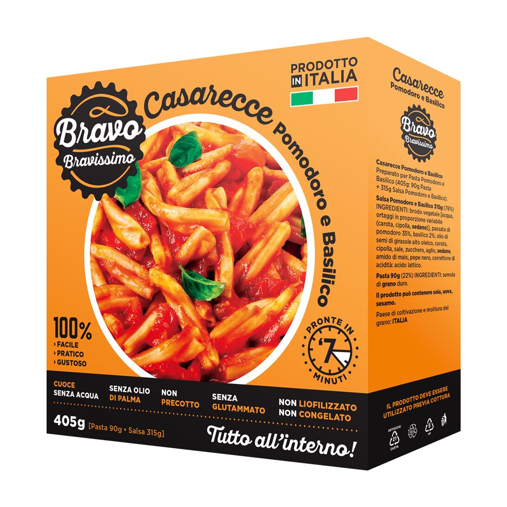 Bravo Bravissimo Gemelli Italian Pasta Noodles, Comes in Tomato & Basil Sauce Flavor, All-In-One Italian Pasta Meal, Sauce, Plate, Fork, Microwavable Meals, GMO Free - Pack of 6