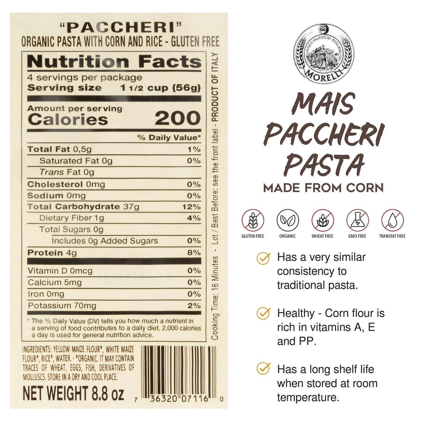 Morelli Paccheri Pasta - Organic, Large, Gluten-Free Pasta Made from Corn and Rice - Pack of 2