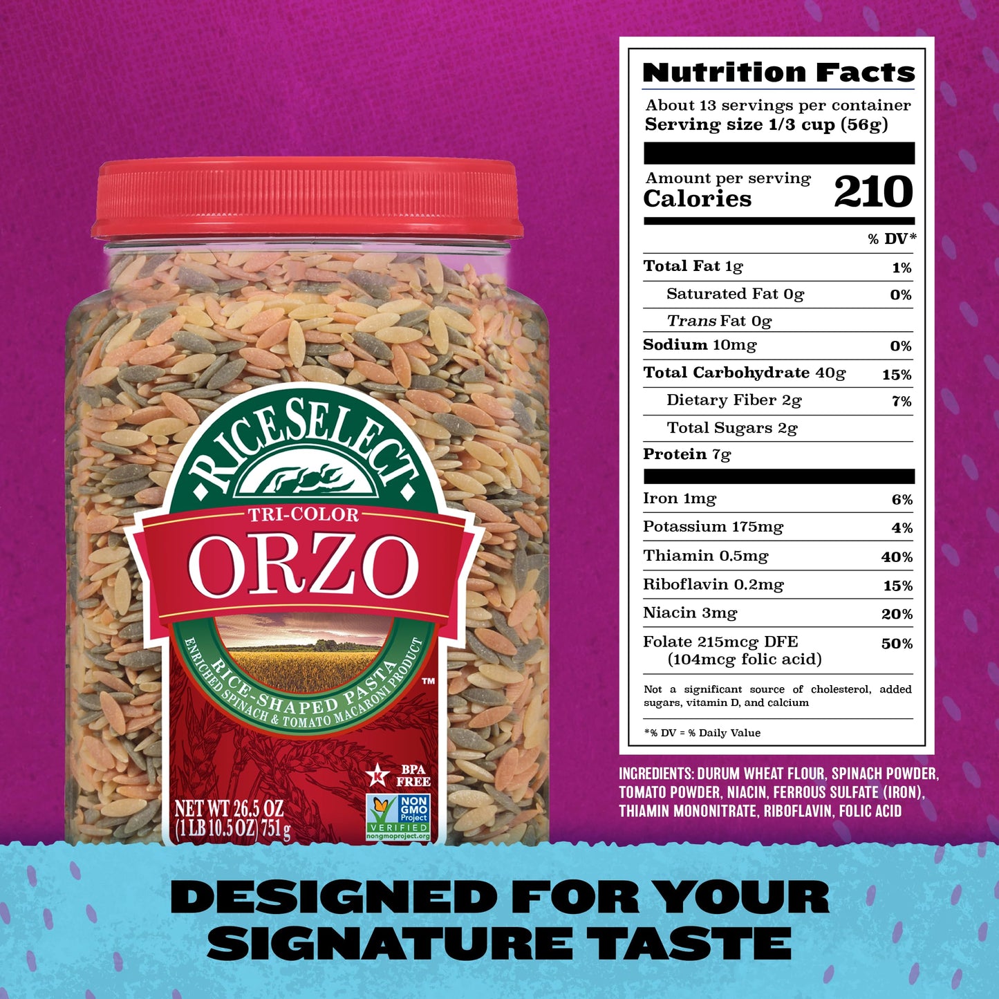 RiceSelect Tri-Color Orzo Rice Shaped Pasta, Premium Spinach and Tomato - Non-GMO Orzo Pasta - 32 oz Jar
