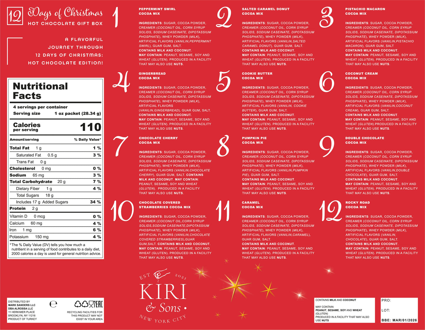 Gourmet 12 Days of Christmas Hot Chocolate Gift Set, Flavors Include Rocky Road, Cookies Butter, Pumpkin Pie & More, Set of 12