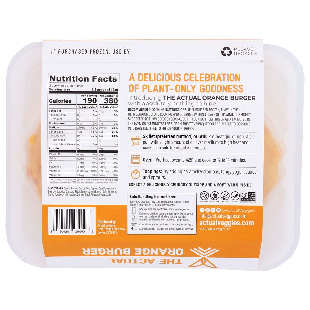 Actual Veggies The Actual Orange Burger, 8 oz - 6/Case