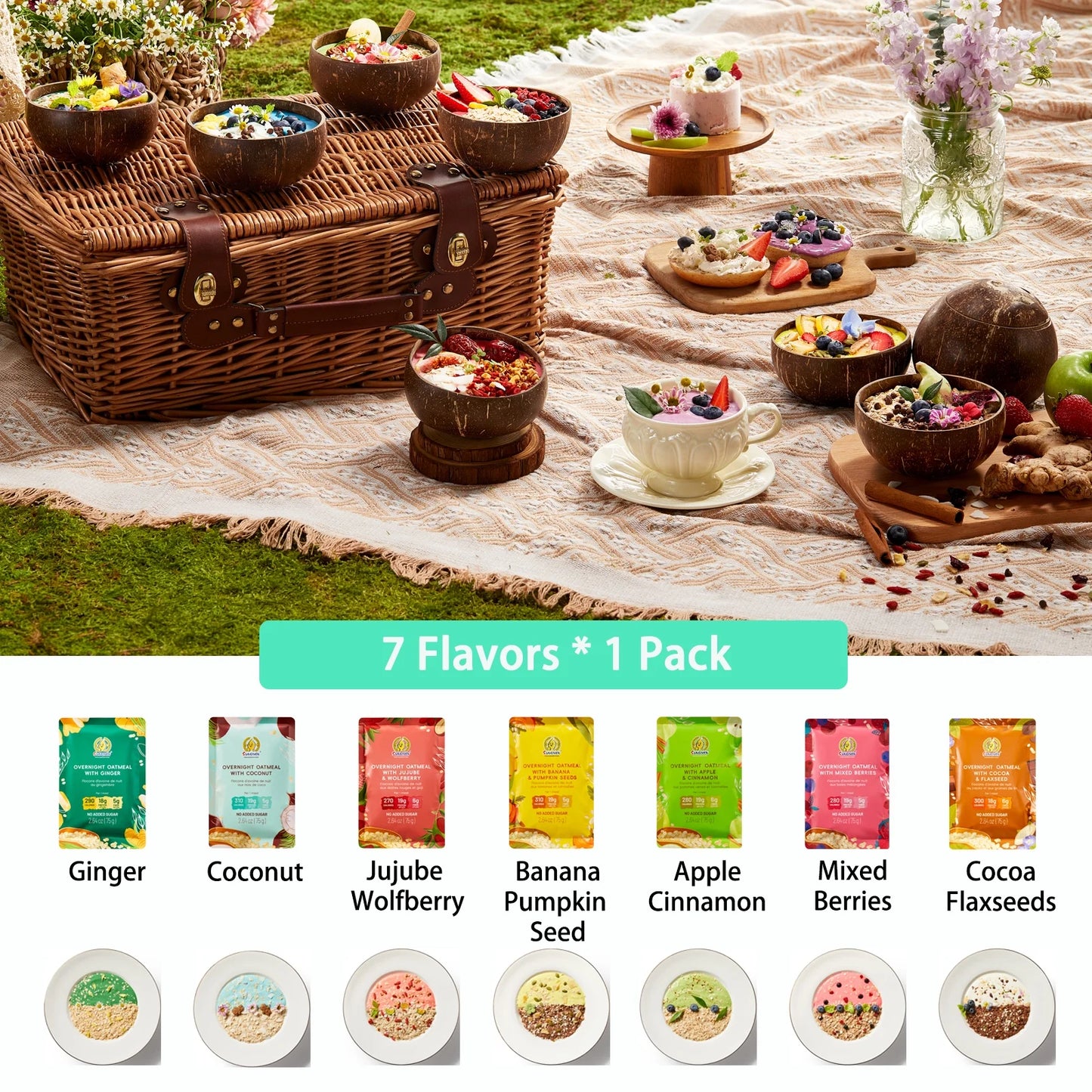 SUNGIVEN High Protein Overnight Oats Variety Pack - 7 Flavors Low Sugar High Fiber Instant Oatmeal Health Breakfast Snacks for Gym Office School Trip Kids with Superfoods, 18.5 oz - Pack of 7