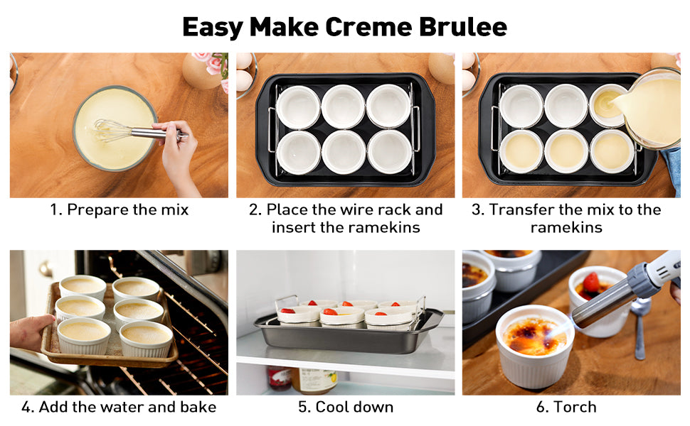 Creme Brulee Making Set - 6 Porcelain Ramekins 6 oz, 304 Stainless Steel Lifting Rack, 9" X 13" Bottom Pan