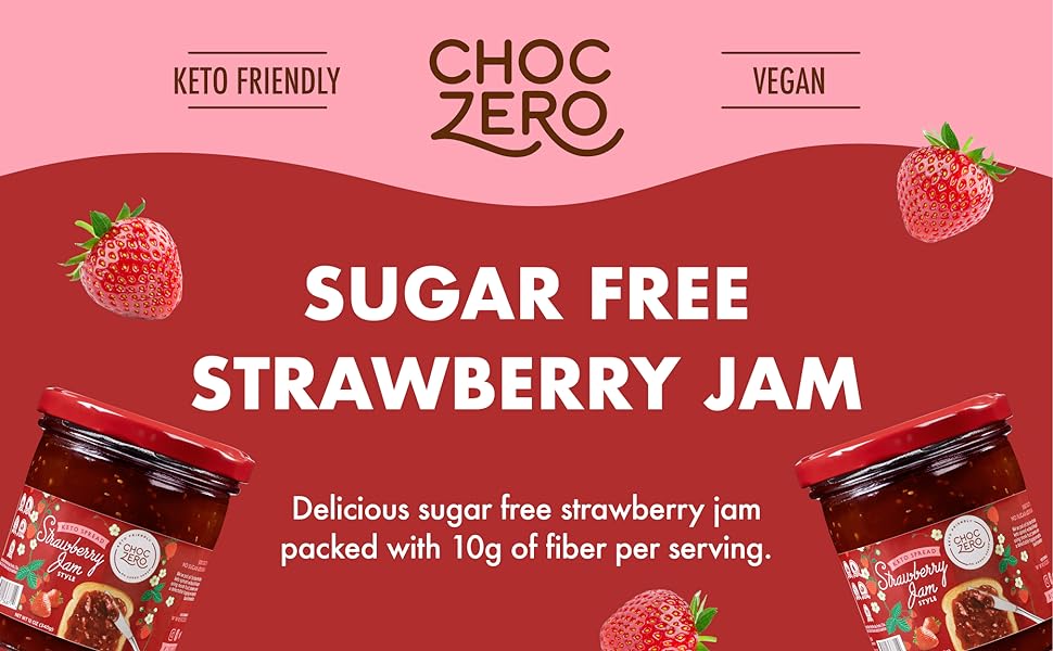 Keto Strawberry Jam, No Sugar Added - Monk Fruit Sweetened, Gluten Free Spread from ChocZero, 12 oz