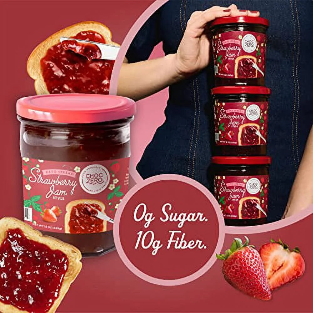Keto Strawberry Jam, No Sugar Added - Monk Fruit Sweetened, Gluten Free Spread from ChocZero, 12 oz