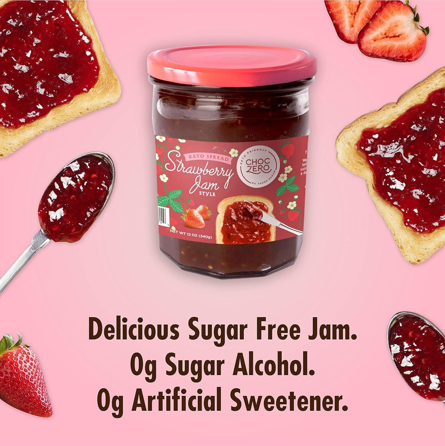 Keto Strawberry Jam, No Sugar Added - Monk Fruit Sweetened, Gluten Free Spread from ChocZero, 12 oz
