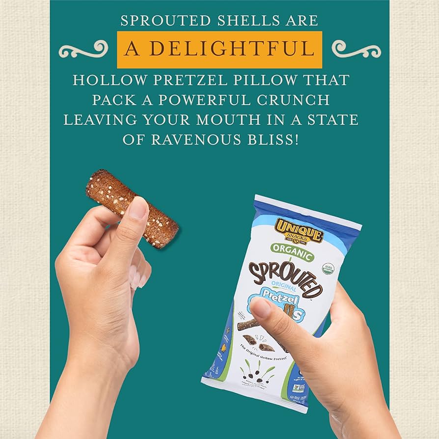 Unique Snacks Organic Sprouted Pretzel Shells - Delicious Homestyle Baked Snack Bag, Vegan - Pack of 3