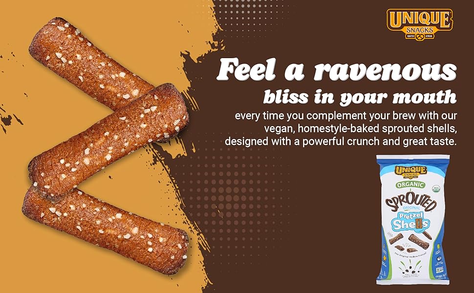 Unique Snacks Organic Sprouted Pretzel Shells - Delicious Homestyle Baked Snack Bag, Vegan - Pack of 3